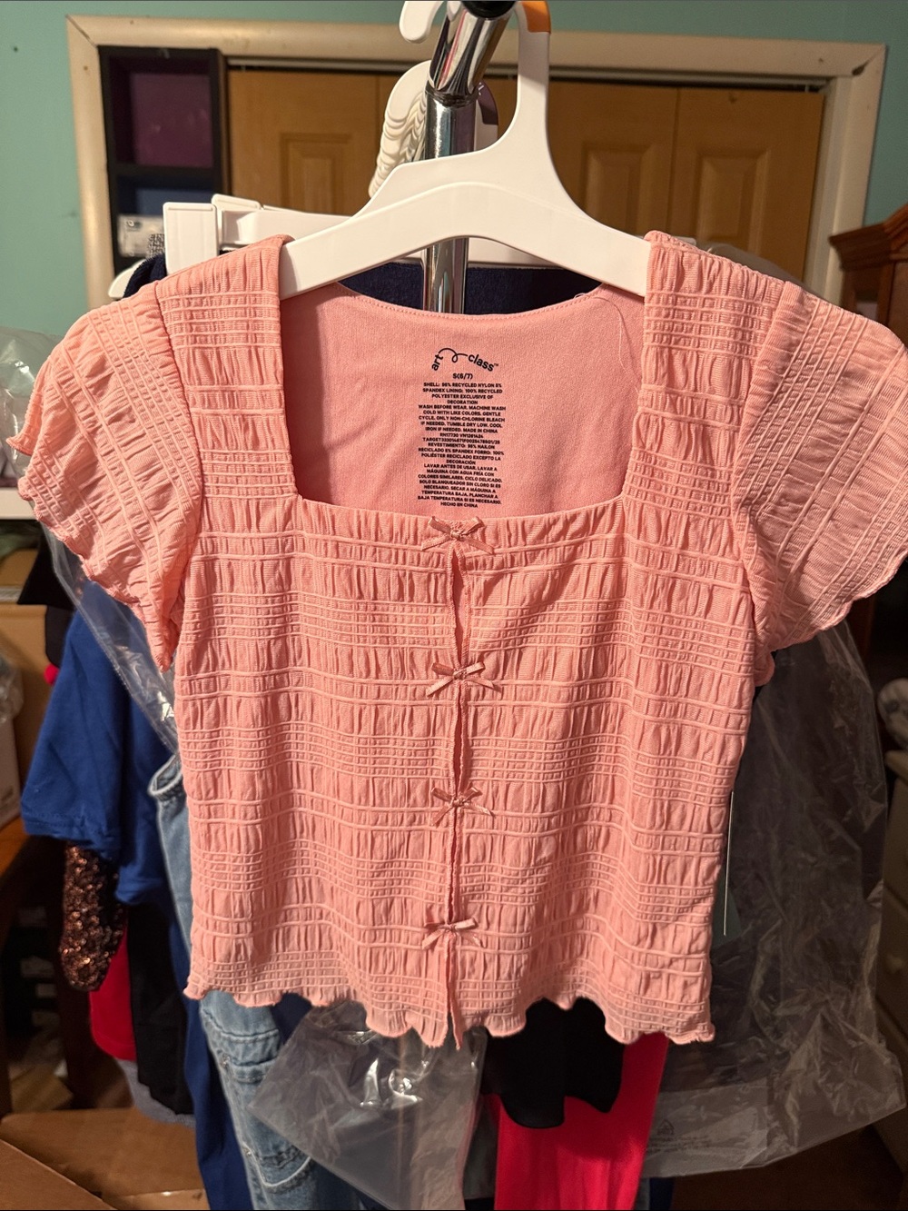 art class Pink Square-Neck Textured Crop Top with Front Ties
